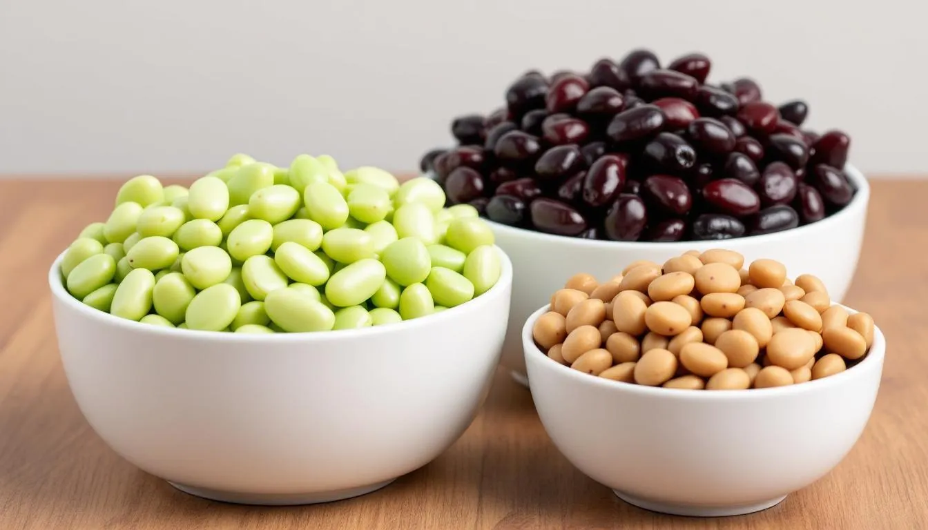 In the image, various types of cooked beans are displayed in separate bowls, featuring lima beans, black beans, green beans, and pinto beans, showcasing their vibrant colors and textures. This assortment highlights the versatility of beans, which can be a healthy addition to both human vegetarian diets and dogs