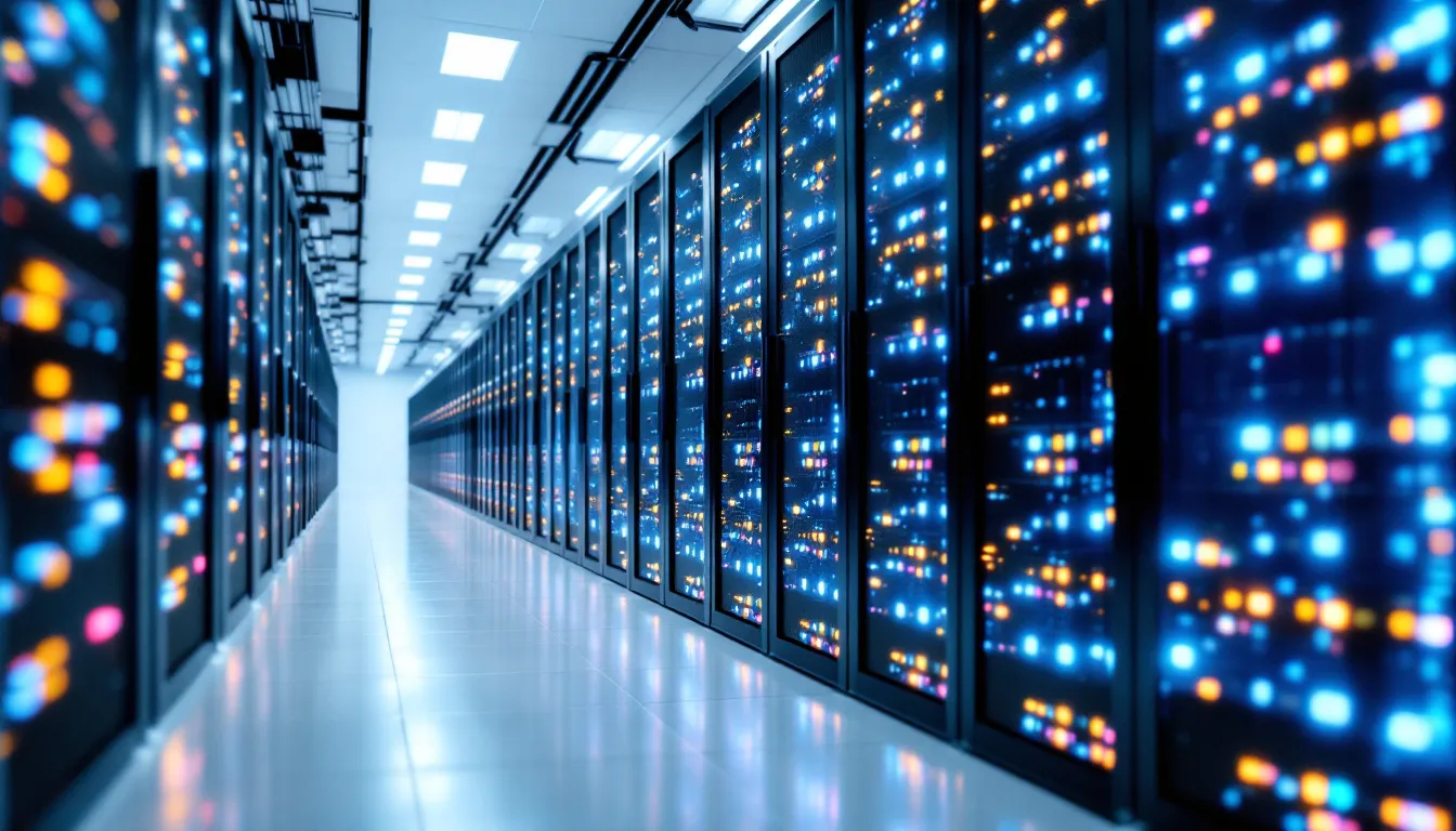 In the image, a modern data center is depicted, showcasing rows of servers and cloud infrastructure that symbolize enterprise data management. The environment emphasizes elements such as data access, security, and scalability, reflecting the systems used by organizations like Delphix and Snowflake for effective test data management and analytics.