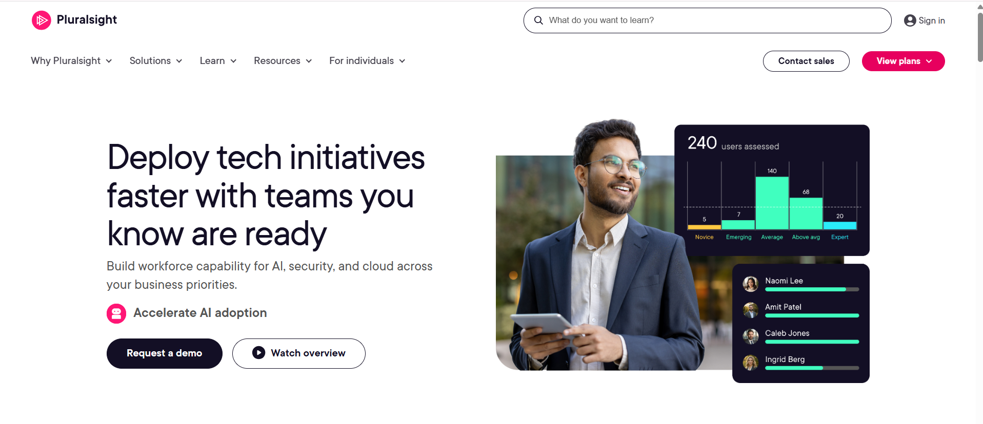 Professional using an AI-powered skills platform with assessments, analytics, and cloud learning tools to accelerate workforce development in AI, cybersecurity, and cloud computing.