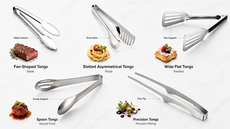 Kitchen tong head shapes for pasta, steak, sauced food, pastries, and precision plating