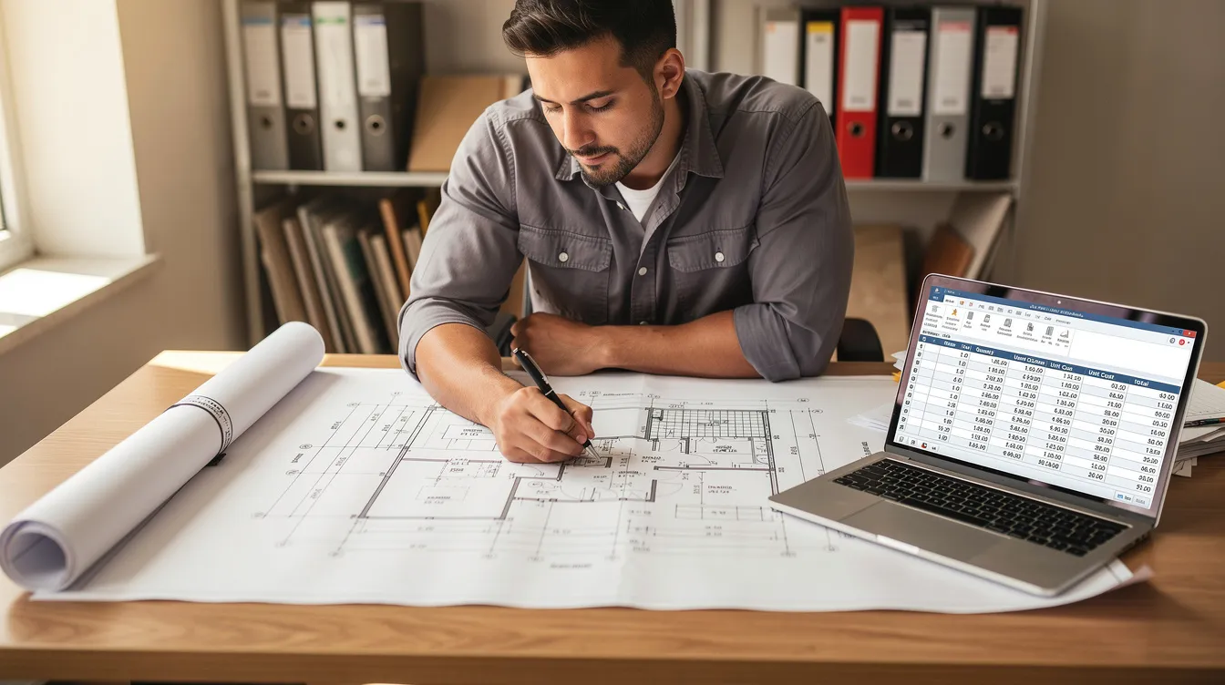 A contractor is seated at a desk reviewing detailed architectural plans alongside a laptop displaying spreadsheets that outline construction costs, including labor, material, and equipment expenses. The workspace reflects the construction estimating process essential for accurate project management and budgeting.