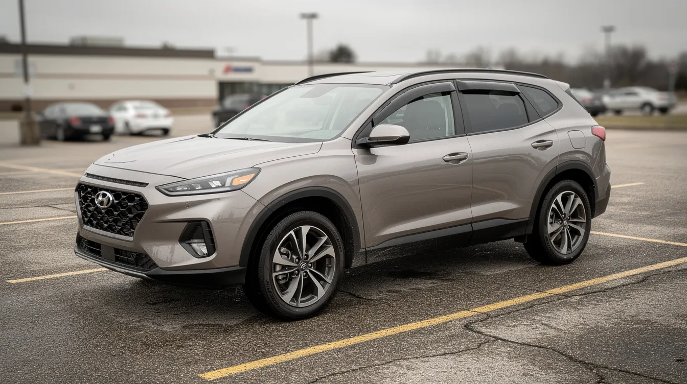 An SUV is parked in a parking lot, featuring rain guards installed on all four side windows, which help protect the interior from rain and excessive wind while allowing fresh air circulation. The window deflectors enhance the vehicle's functionality and style, making it suitable for various weather conditions.