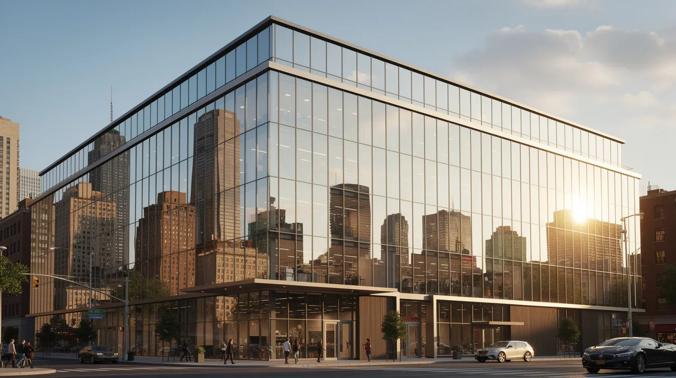 The image showcases a modern commercial building with expansive floor-to-ceiling glass windows that reflect the surrounding city skyline, emphasizing the sleek design elements typical of high-quality commercial construction projects. This exterior serves as a perfect example of contemporary architecture, drawing attention to the professional craftsmanship and innovative design that potential clients seek in the construction industry.