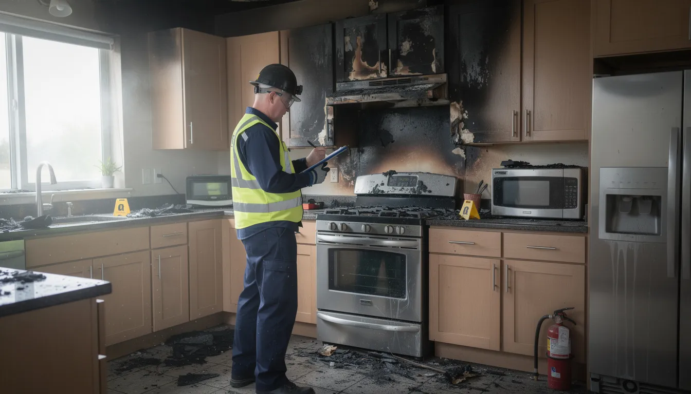 A professional inspector is carefully examining fire damage in a residential kitchen, focusing on the charred surfaces and smoke residue. The inspection may involve assessing the need for odor removal techniques, such as using an ozone generator or thermal fogging, to eliminate smoke odors and ensure a safe living space.