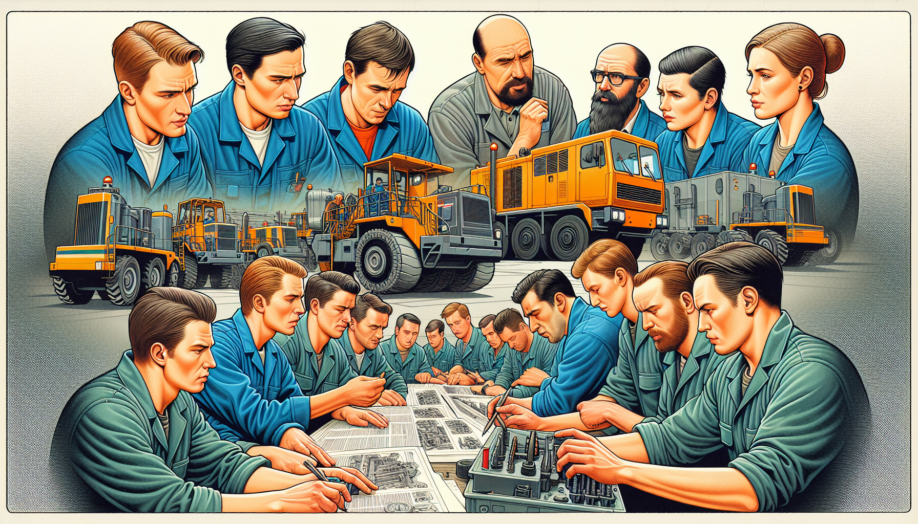 Illustration of a training session for machine operators with safety emphasis