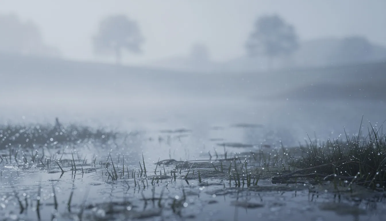 The image depicts a misty morning where visible moisture droplets hang in the air, creating a damp atmosphere that could contribute to mold growth. Such conditions can lead to symptoms of mold exposure, including respiratory issues and allergic reactions, particularly in individuals with compromised immune systems.