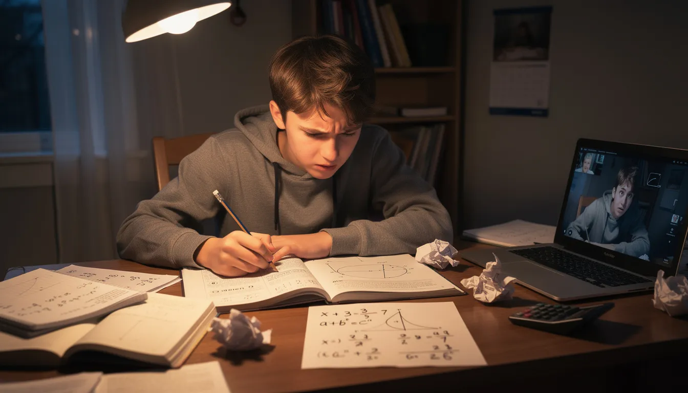 Ein Schüler sitzt frustriert an einem Tisch und versucht, Mathematikaufgaben zu lösen. Er benötigt Unterstützung durch einen Nachhilfelehrer, um seine Wissenslücken in Mathe zu schließen und bessere Noten zu erreichen.