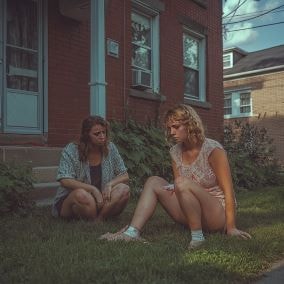 Woman sitting in yard after being injured on someone else's property