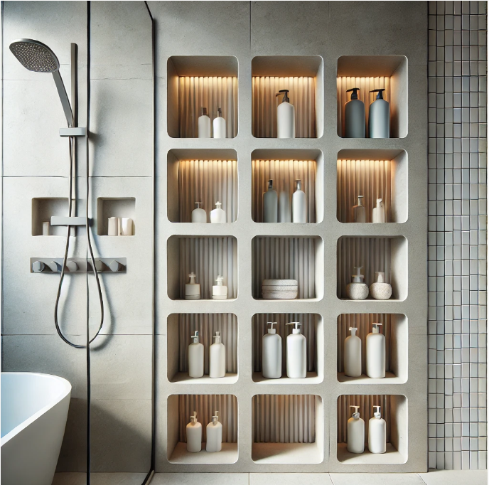 Smart storage makes sense for a clutter-free shower, taking advantage of the wall.