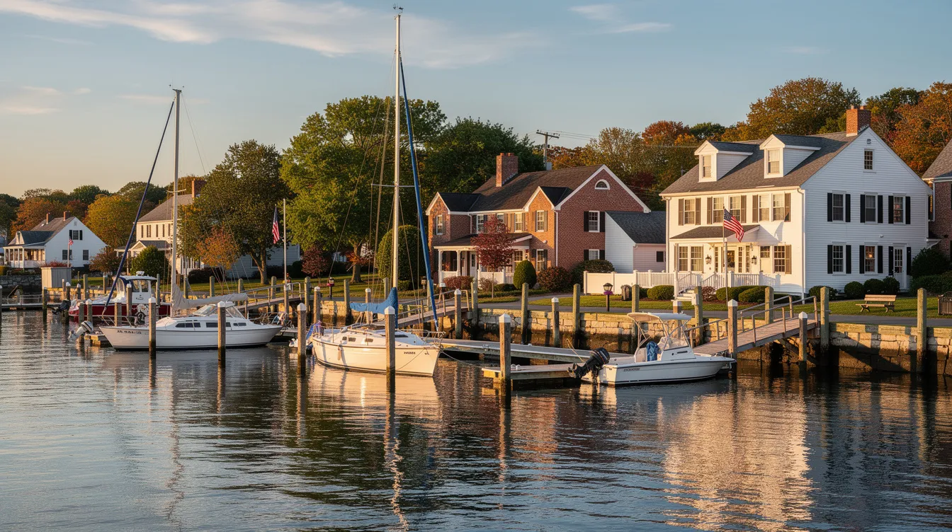 The image depicts a picturesque shoreline town in Connecticut, featuring a marina filled with boats and charming colonial-style buildings lining the waterfront. This scenic area is likely a residential community offering various housing options for active duty navy families and military retirees, with easy access to local amenities and picnic areas.