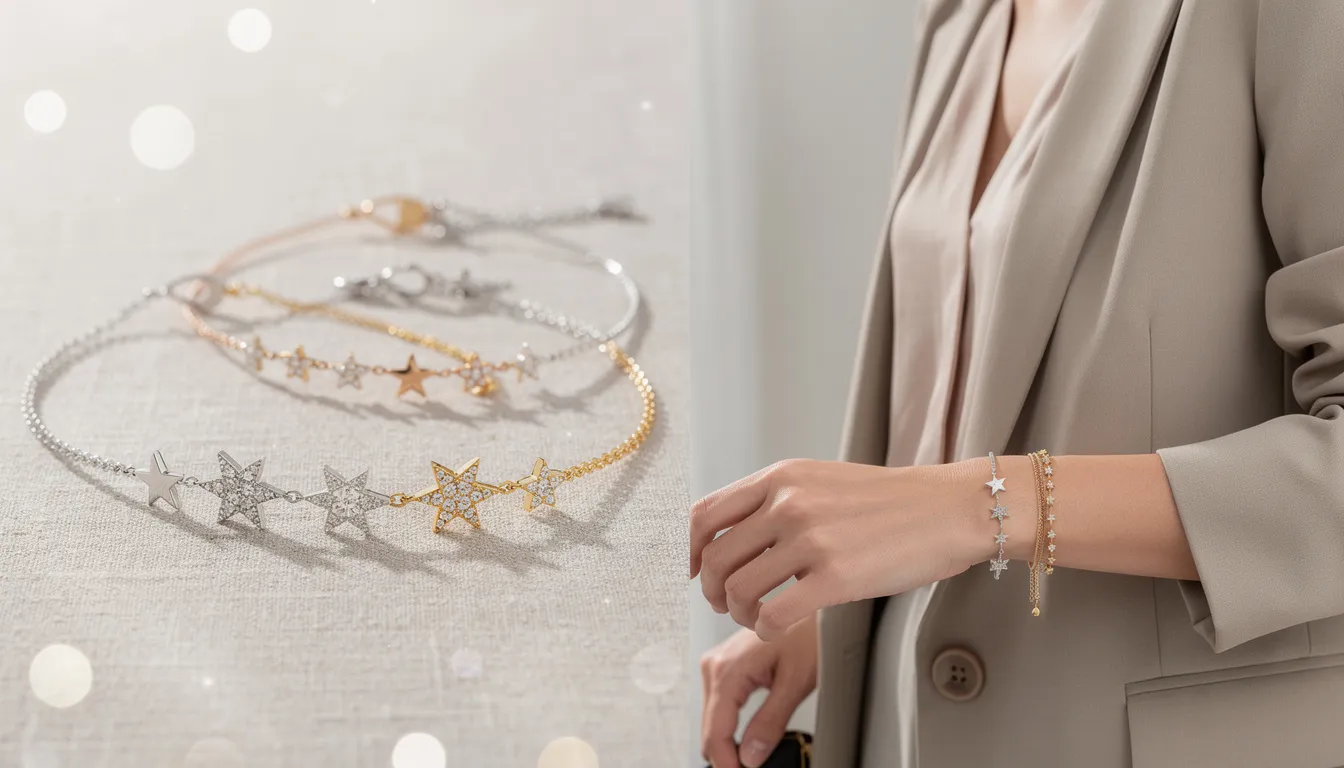 The image features a collection of sparkling star bracelets adorned with cubic zirconia accents, showcasing various styles including silver and gold-plated designs. These elegant accessories are perfect for adding a touch of glamour to any outfit, whether for everyday wear or special occasions.