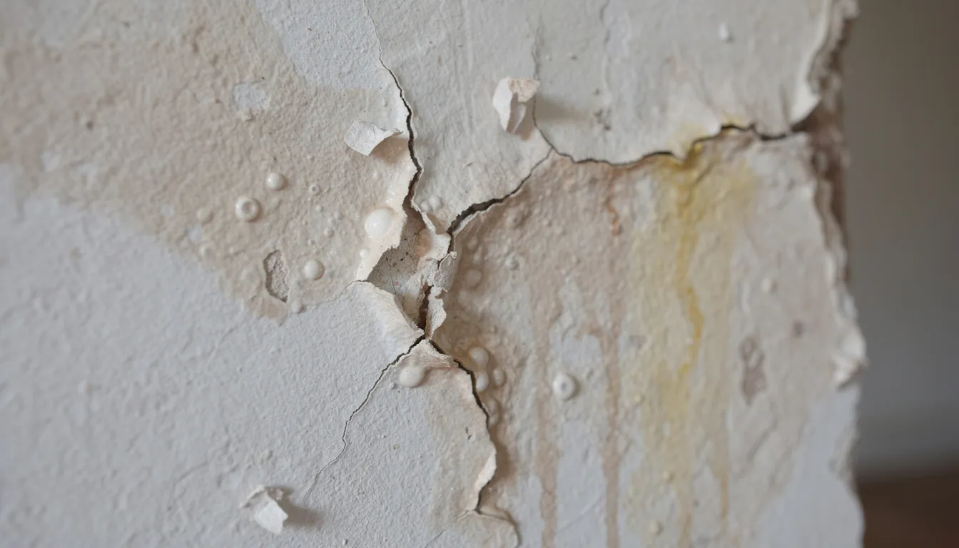 The image shows a close-up view of water-damaged drywall, with visible bubbling and peeling paint, indicating potential mold growth and structural damage. This damage may require a water damage mitigation process to prevent further issues and restore the affected areas.