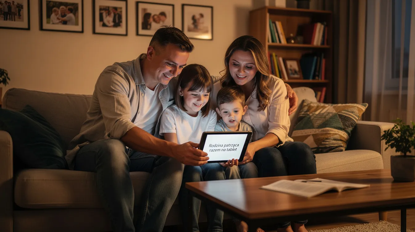 Rodzina siedzi razem w domowym otoczeniu, patrząc na tablet, na którym mogą przeglądać informacje dotyczące bezpieczeństwa finansowego i oszustw internetowych. Wspólnie rozmawiają o sposobach odzyskania swoich pieniędzy oraz o tym, jak unikać padnięcia ofiarą oszustwa.