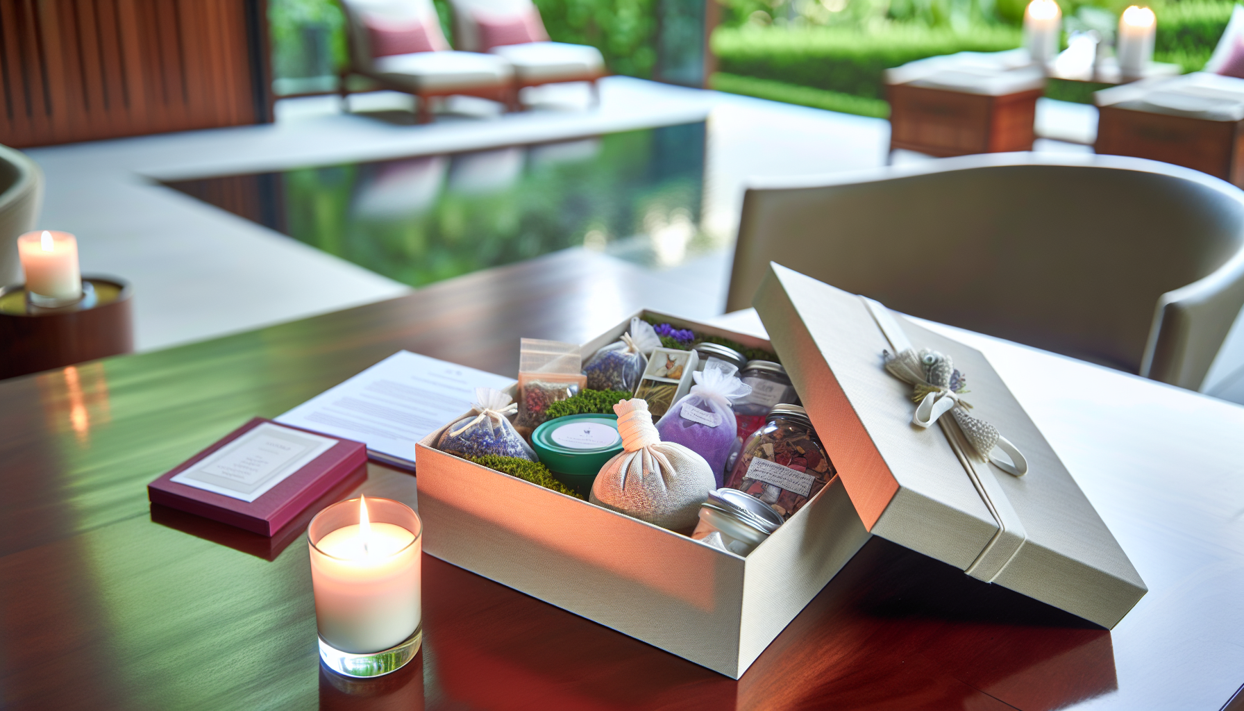 A wellness box with aromatic candles, herbal tea, and relaxation items