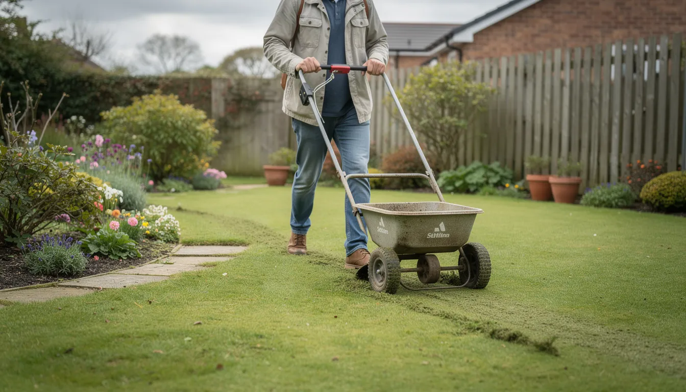 A person is pushing a wheeled spreader across a vibrant green lawn in a UK garden, applying lawn feed to promote healthy plant growth and improve soil health. The lush grass showcases the benefits of proper lawn care and nutrient retention, essential for established lawns during the growing season.