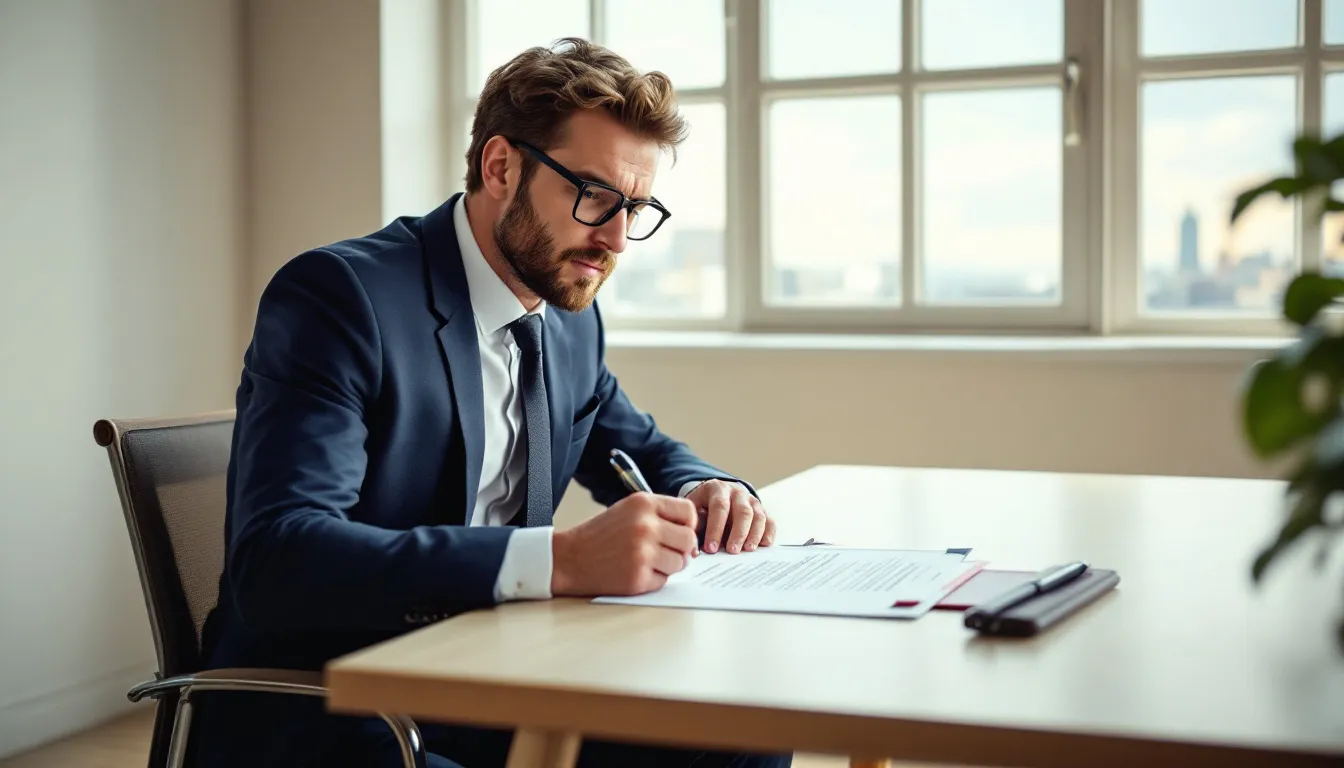 In einem Büro unterschreibt eine kündigungsberechtigte Person ein Kündigungsschreiben, das die Beendigung des Arbeitsverhältnisses dokumentiert. Die Atmosphäre ist ernst, während sie sich mit den Gründen und der Einhaltung der Kündigungsfristen auseinandersetzt.
