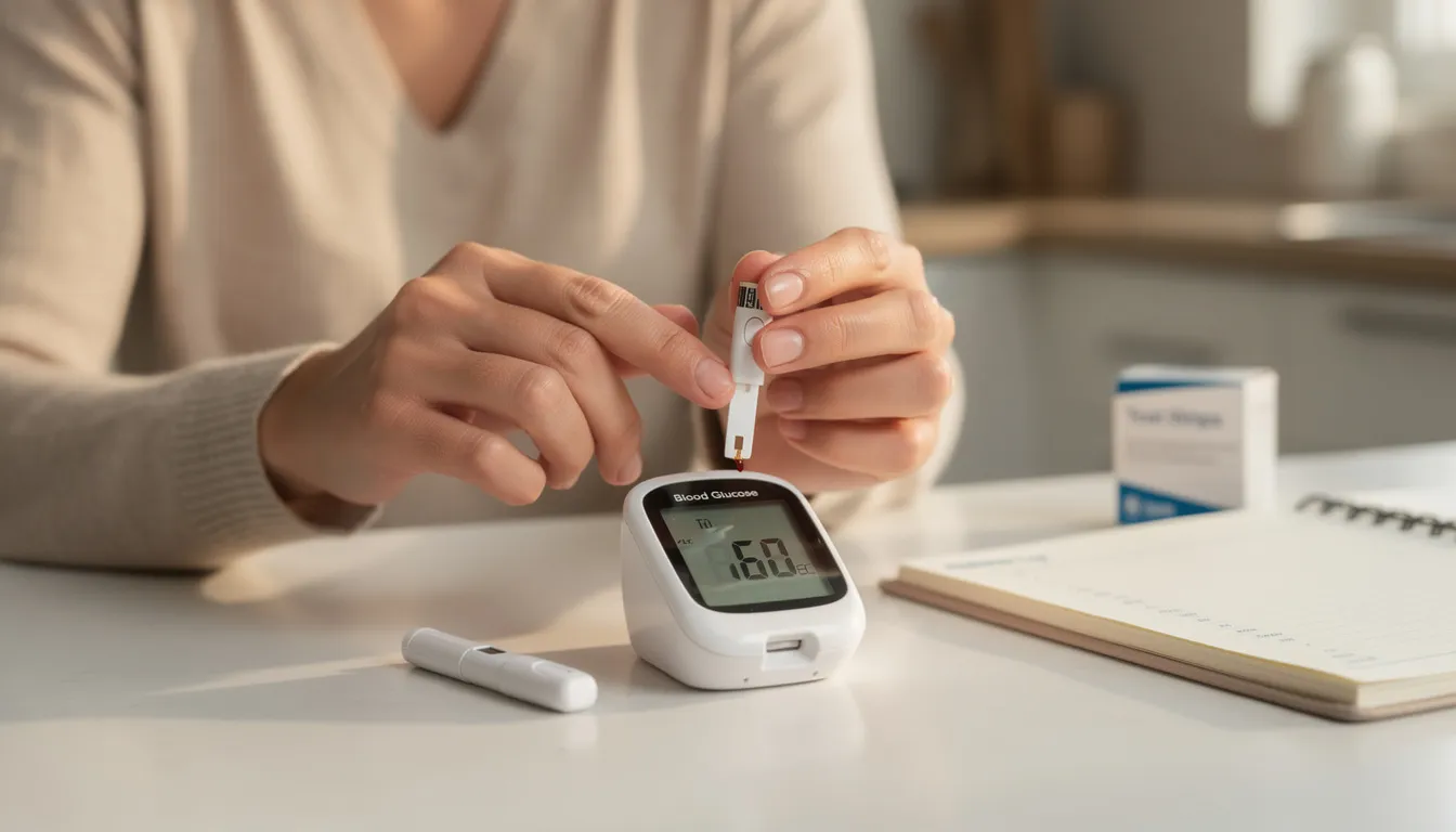 A person is using a digital blood glucose monitor to check their blood sugar levels, focusing on maintaining healthy glucose levels for better metabolic health and weight management. This practice can support weight loss efforts and improve insulin sensitivity, contributing to overall health benefits.