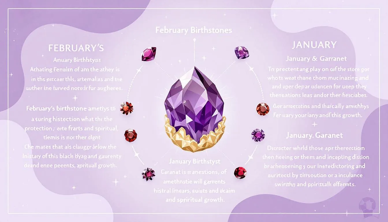 The image illustrates the connection between February's birthstone, amethyst, and January's birthstone, garnet, highlighting their vibrant hues and classic beauty. Both gemstones symbolize positive vibes and are cherished in jewelry, representing the unique traits of those born in their respective months.