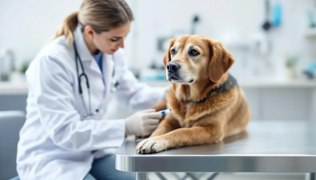 A veterinarian is gently drawing blood from a calm dog to test for kidney function, which is crucial for diagnosing conditions such as chronic kidney disease or kidney failure in dogs. The dog appears relaxed, indicating a positive environment for this important procedure.
