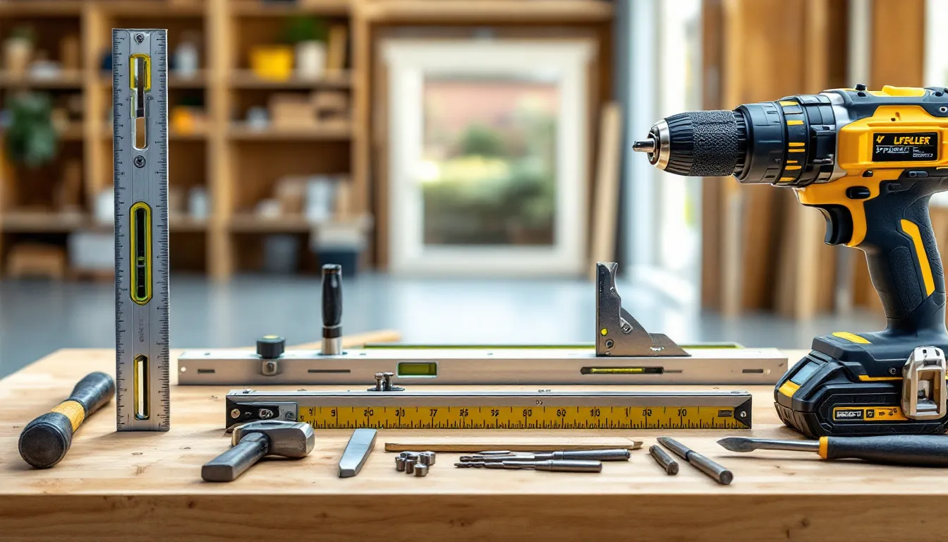Het beeld toont een set professionele gereedschappen die gebruikt worden voor de montage van kunststof kozijnen. Deze gereedschappen zijn essentieel voor het vakkundig plaatsen van nieuwe kozijnen, wat zorgt voor optimale isolatie en een lange levensduur.
