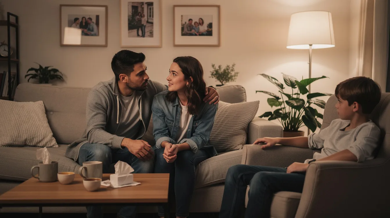 The image depicts a family gathered in a cozy living room, engaged in a supportive conversation about a loved one’s hoarding behavior. They are discussing the importance of seeking treatment and utilizing resources, such as support groups and mental health professionals, to address the hoarding problem and improve their home environment.