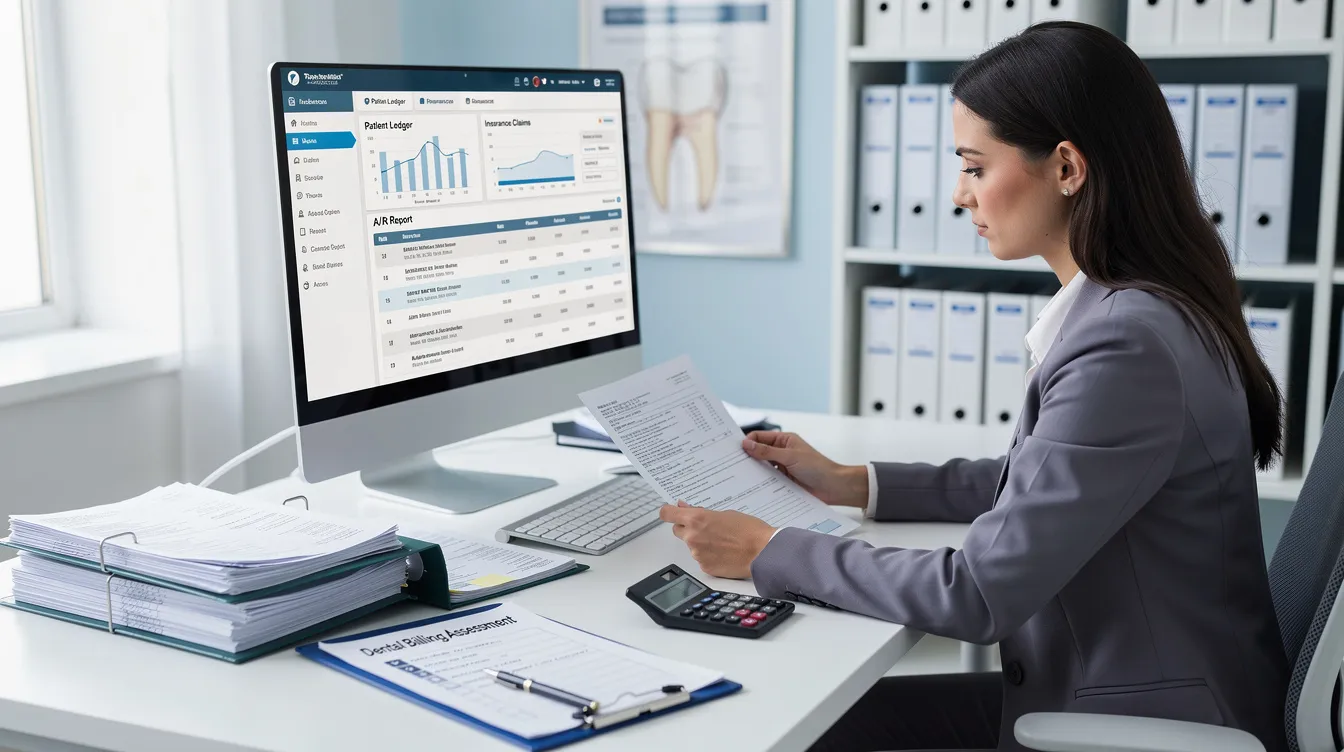 An image depicting a healthcare professional conducting a dental billing assessment, surrounded by various documents and a computer, focusing on the billing process for dental services and insurance claims. The scene illustrates the evaluation of insurance coverage and patient deductibles in relation to dental procedures.