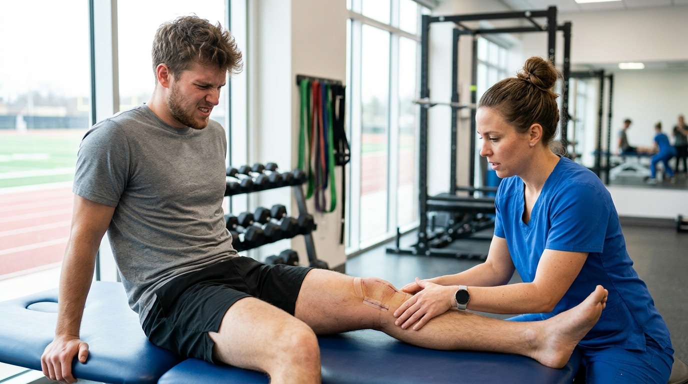 Physical therapist examining a patient's lower leg after knee surgery in a sports rehab gym
