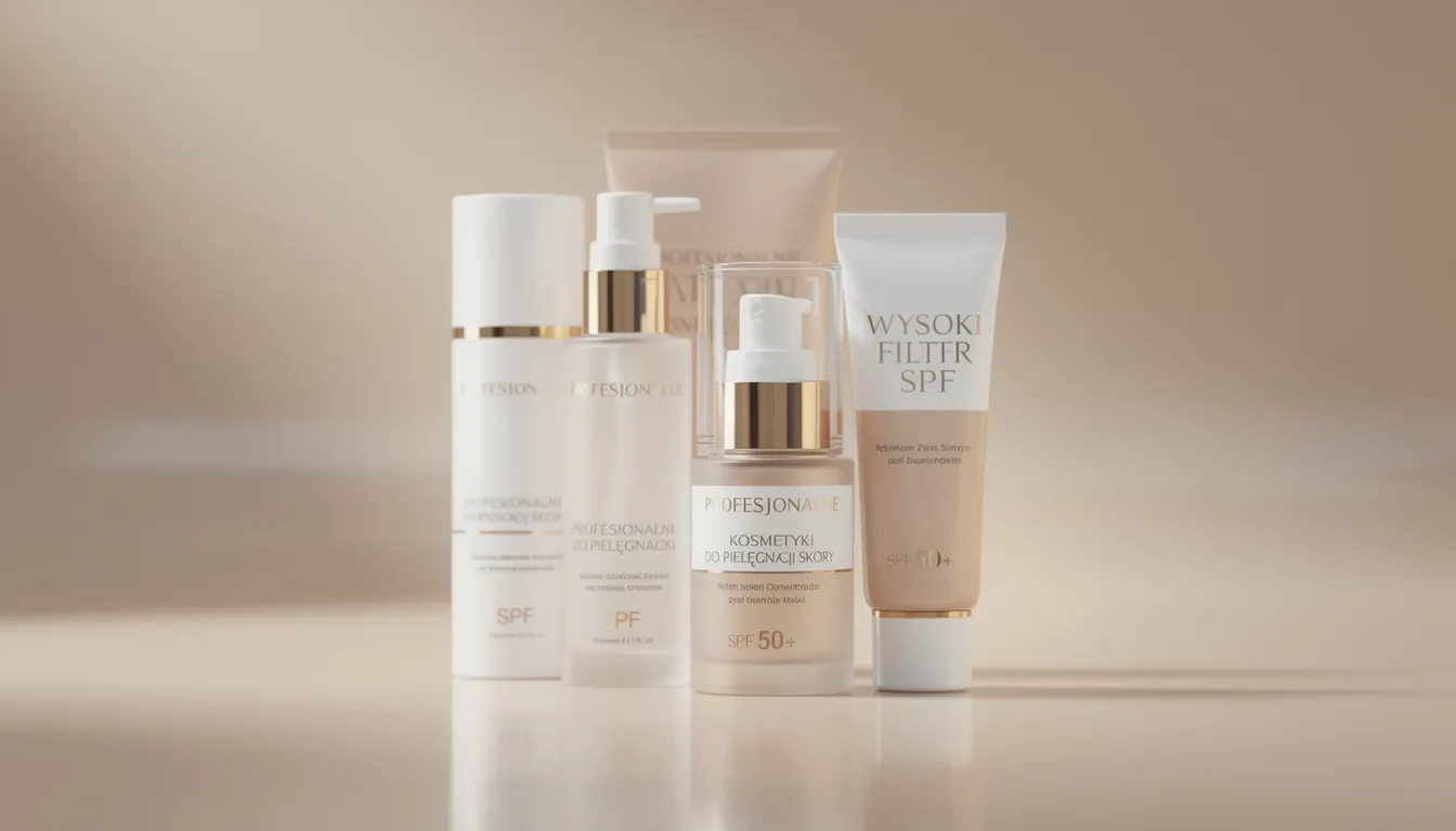 Na eleganckim tle znajdują się profesjonalne kosmetyki do pielęgnacji skóry z wysokim filtrem SPF, które chronią przed szkodliwym promieniowaniem UV, co jest istotne dla zdrowia skóry i zapobiega pojawianiu się niepokojących zmian skórnych. Warto zwrócić uwagę na ich zastosowanie w kontekście ochrony przed nowotworami skóry oraz estetyki.