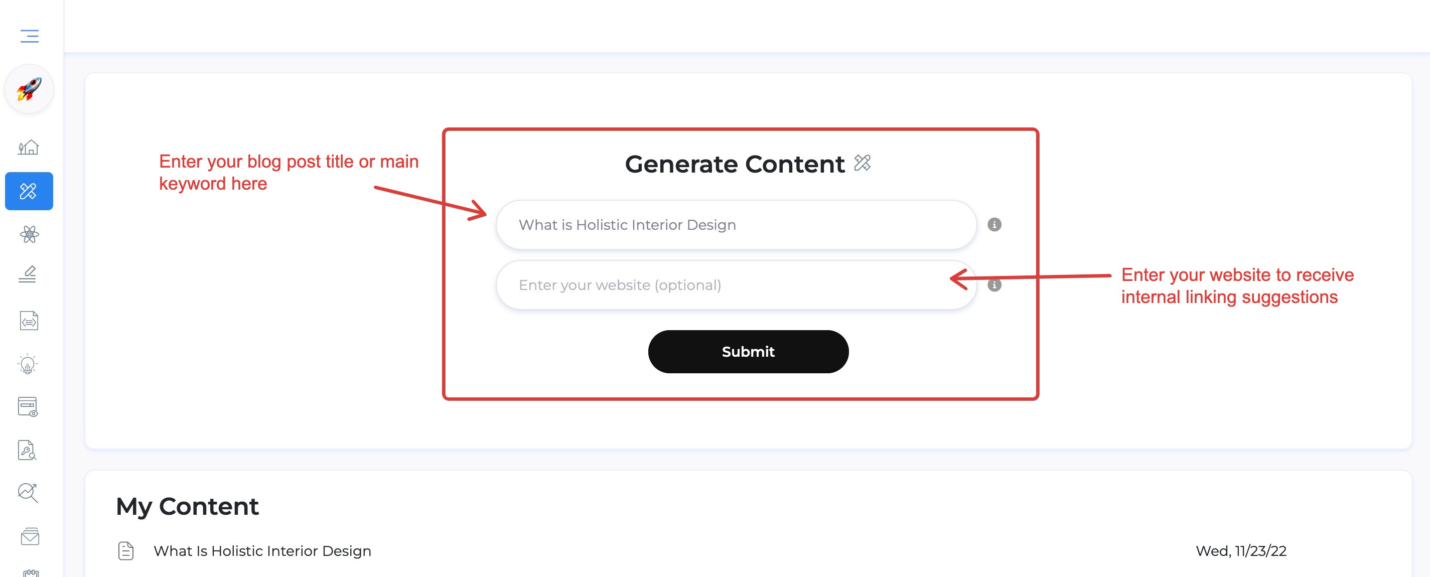 Screenshot of growth bar's content generator tool