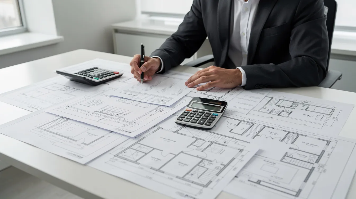 A person is seated at a desk, reviewing financial documents and using a calculator, surrounded by property blueprints. This scene highlights the meticulous planning involved in house flipping, emphasizing the importance of budgeting for renovation costs and understanding the real estate market to maximize profit potential.