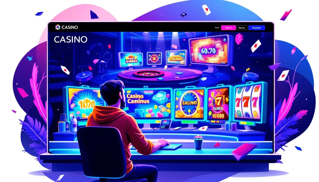 Een speler geniet van de voordelen van een no Cruks casino met verschillende spellen op de achtergrond.
