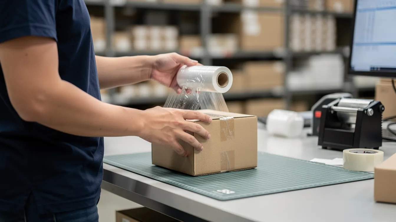 Ein Mitarbeiter wickelt eine kleine Kartonage mit transparenter Mini-Stretchfolie am Packtisch ein, um die Waren zu sichern und für den Versand vorzubereiten. Die Mini-Stretchfolie hat eine Breite von 100 mm und eine Folienstärke von 23 my, ideal für das Bündeln von Produkten.