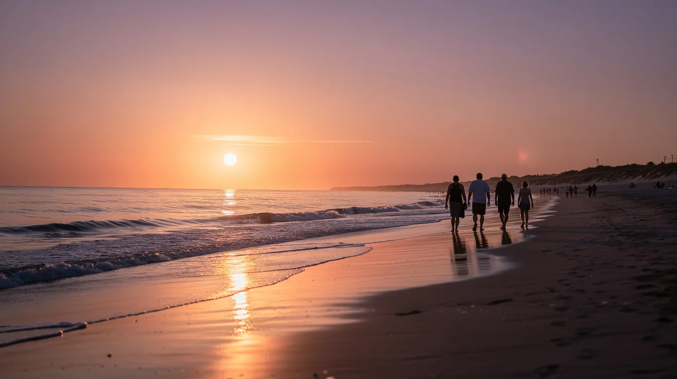 A serene sunset casts warm hues over a calm Atlantic beach, with silhouettes of people leisurely walking along the shoreline. This picturesque scene invites tourists to explore the beauty of Agadir, Morocco, while remaining aware of local customs and safety in public areas.