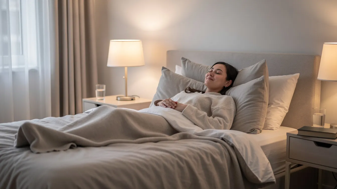 An individual is resting comfortably in a serene bedroom, propped up on pillows, which suggests they are in the recovery process after breast reduction surgery. The calm setting indicates a focus on healing and prioritizing rest during the first week after the procedure.