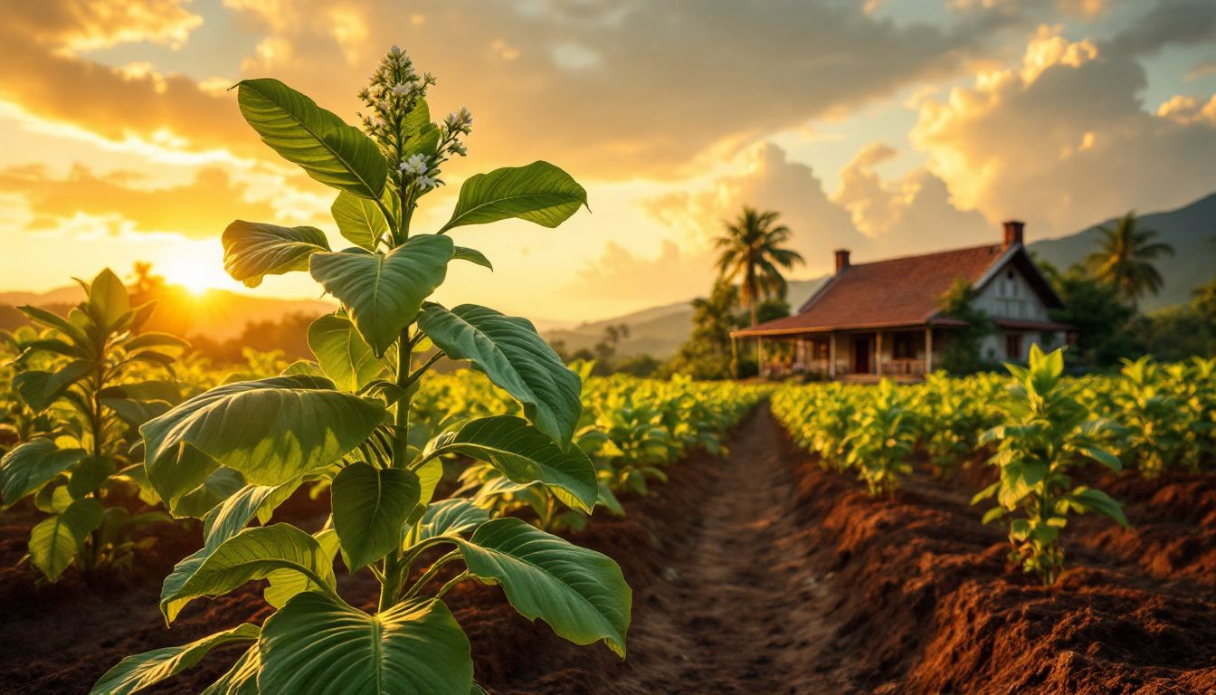 A picturesque view of a tobacco farm in the Dominican Republic, showcasing lush green fields.