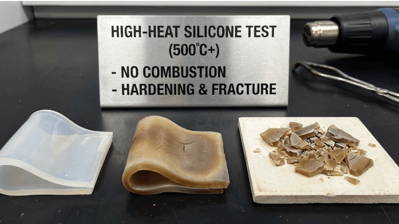 Exposed to extreme heat, silicone hardens and breaks, but it doesn't burn