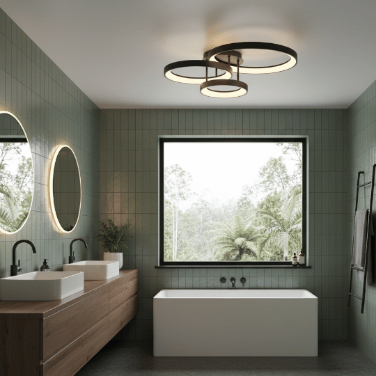 Modern bathroom with a circular LED flush-mount ceiling light above the bathtub, green tiled walls, and a double vanity.