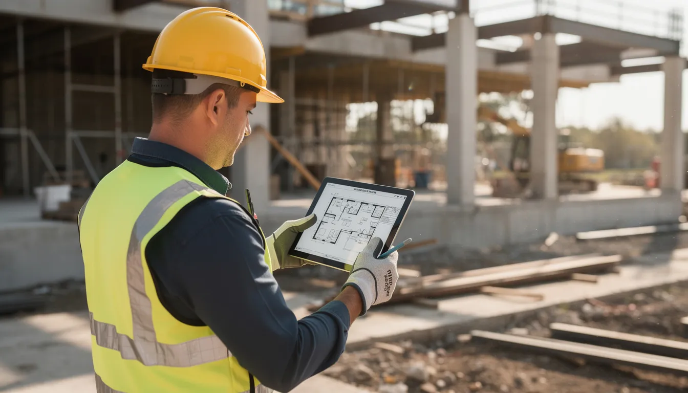 How Construction Blogging Builds Authority And Lead Pipelines | Rsm Marketing A construction professional is intently reviewing detailed plans on a tablet at a busy job site, showcasing the integration of technology in the construction industry. This scene highlights the importance of effective project management and communication for construction companies aiming to enhance their online visibility and attract potential clients through strong seo strategies.