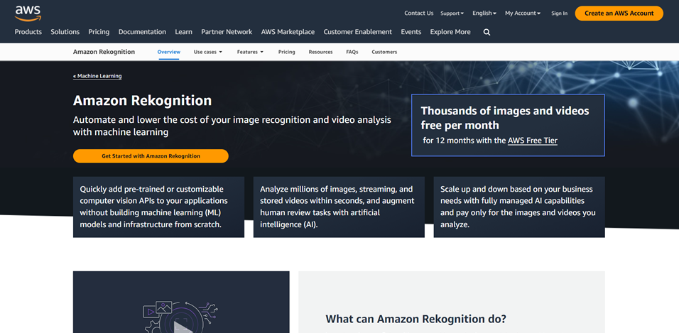 Amazon Rekognition's homepage hero section.