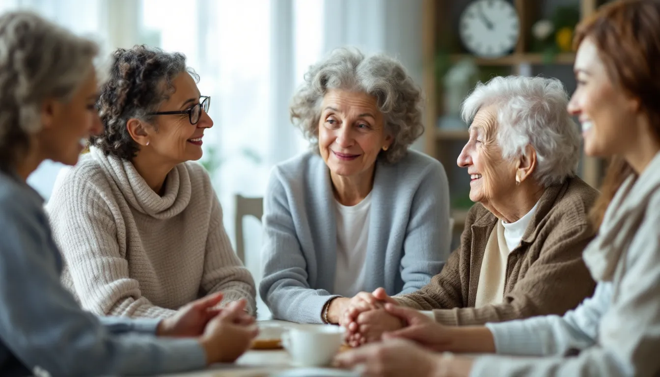 A support group meeting focusing on families dealing with Alzheimer's and dementia care.