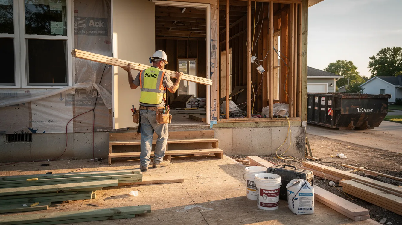 A construction worker is seen carrying building materials into a house undergoing renovations, highlighting the ongoing home improvements. This scene emphasizes the importance of maintaining and increasing equity in your home, which can be supported by options like a home equity loan or a home equity line of credit.