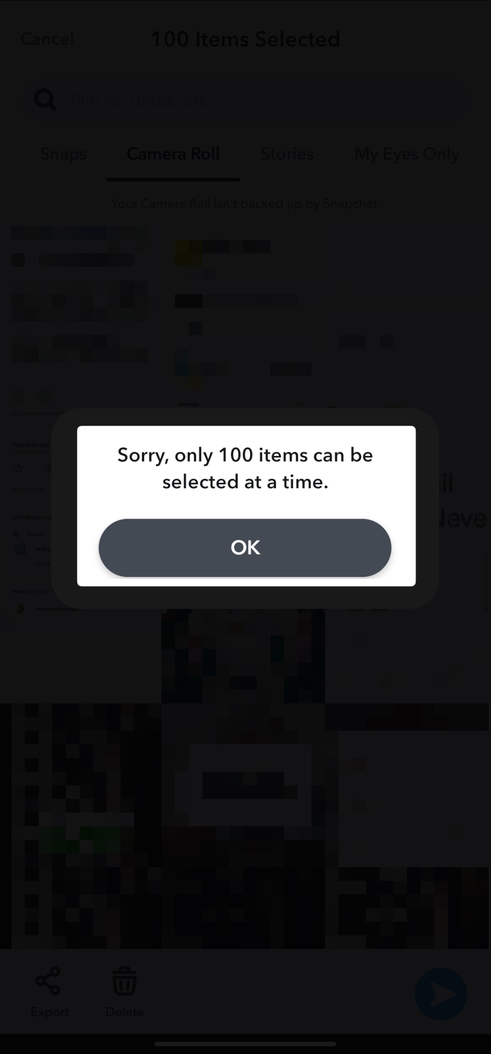 Remote.tools highlighting the warning pop up when you try to send more than 100 snaps to Snapchat story. At a time, you can only send upto 100 snaps to snapchat story
