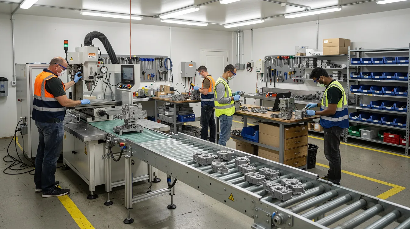 The image depicts a small manufacturing workshop bustling with activity, where workers are diligently operating machinery and assembling parts on a production line. This scene highlights the vital role of small business owners in job creation and economic development within the small business sector.