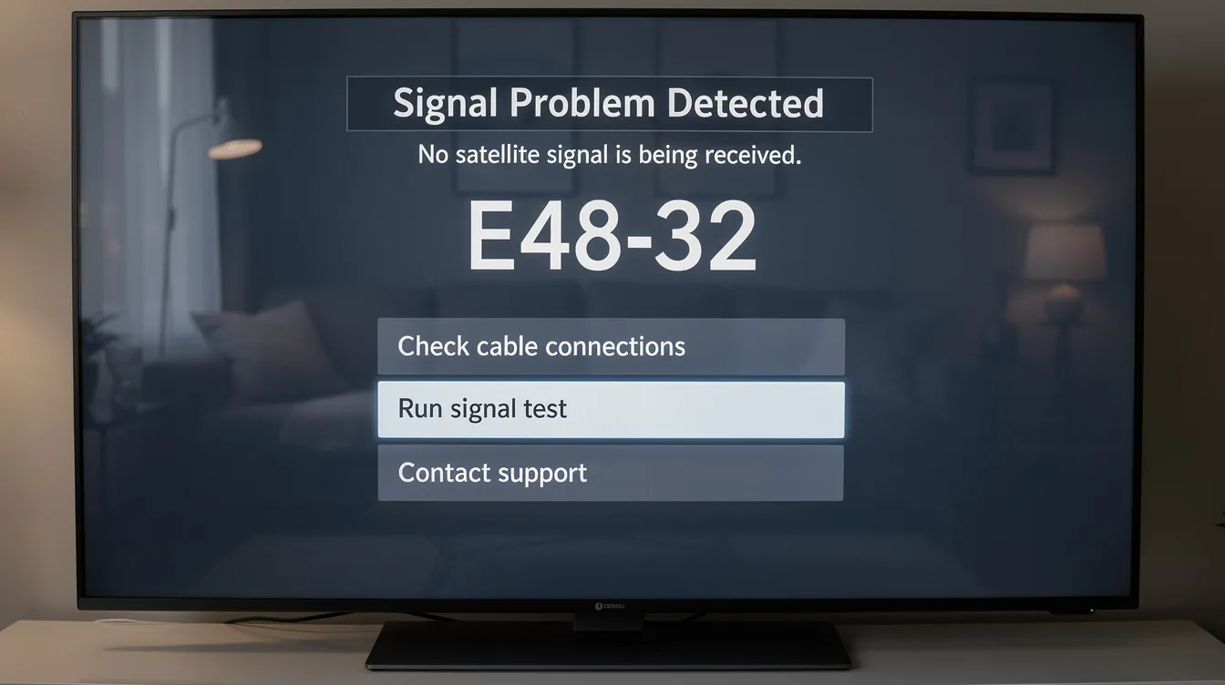The image displays a television screen with an E48-32 error message, indicating a signal problem, accompanied by troubleshooting options for adjusting decoder settings on a DStv Explora decoder. Users are prompted to run the DStv installation wizard to fix the issue related to signal strength and ensure proper setup.