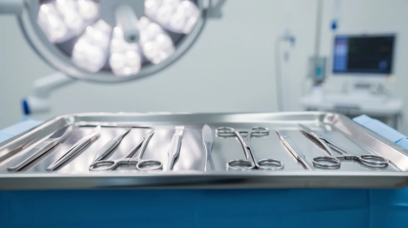 The image shows a collection of sterile surgical instruments neatly arranged on a stainless steel tray in an operating room, ready for a cosmetic procedure such as lower blepharoplasty.
