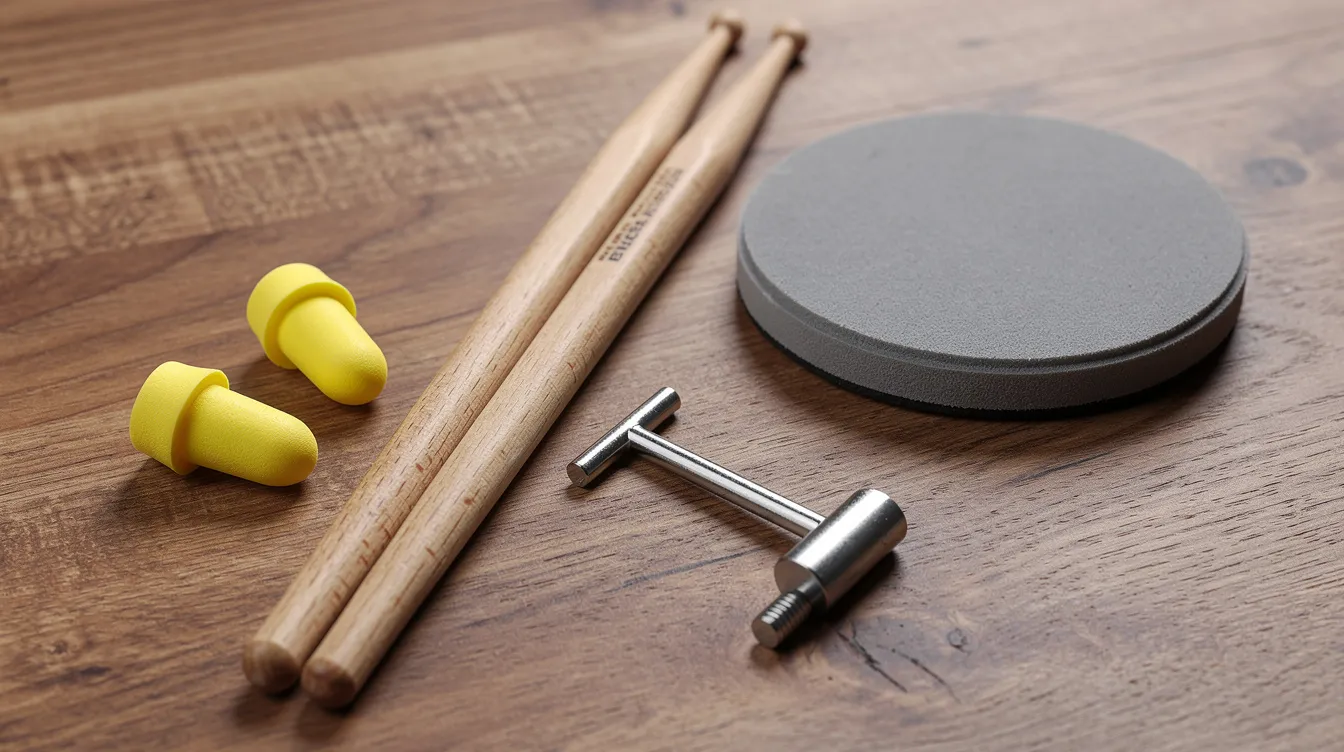 Auf einem Holztisch liegen verschiedene Schlagzeugzubehörteile, darunter Drumsticks, Ohrstöpsel, ein Practice Pad und ein Stimmschlüssel. Diese Utensilien sind essenziell für Schlagzeugspieler, sowohl für Anfänger als auch für Profis, um ihre Technik und Koordination zu verbessern.
