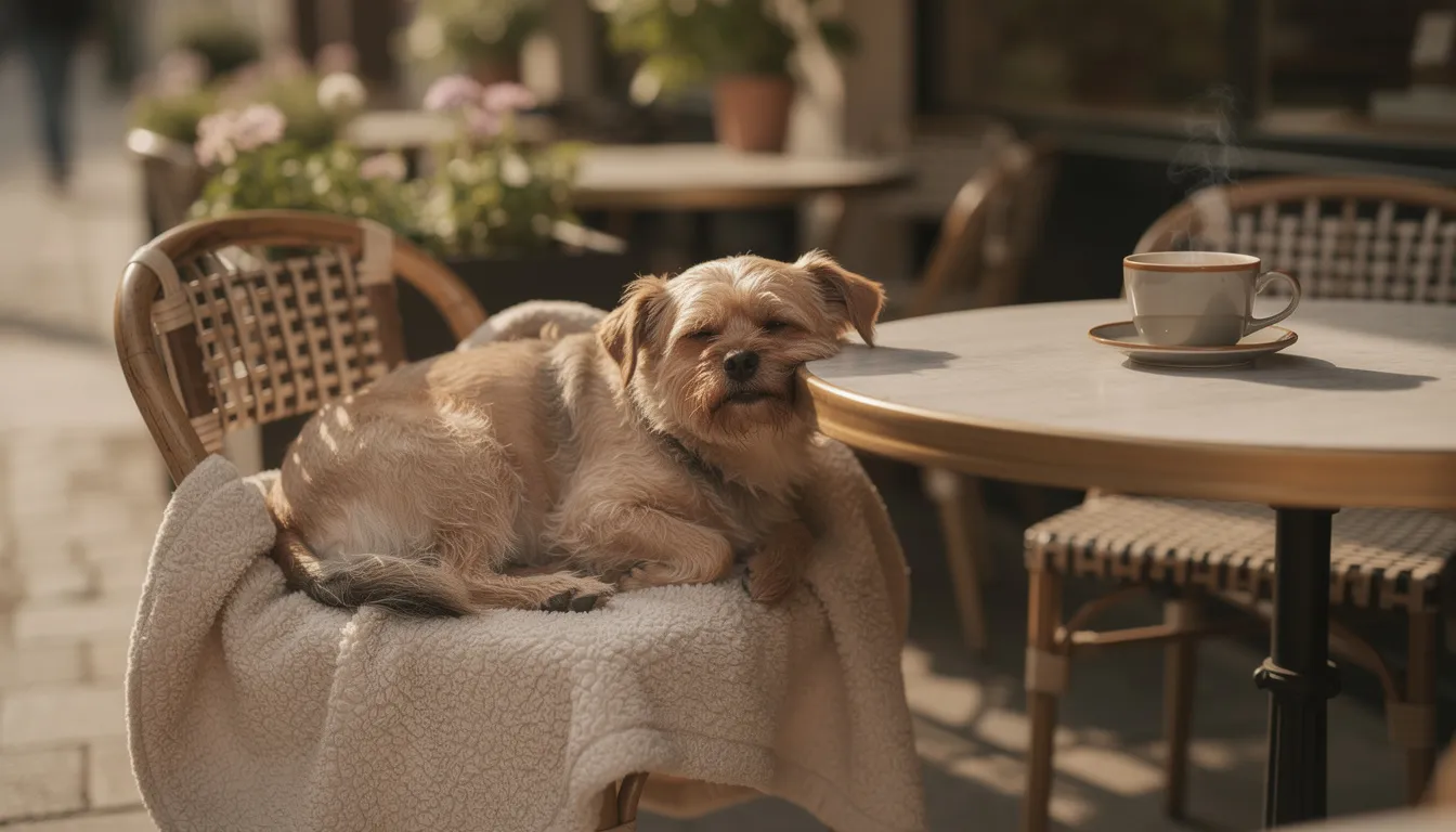 A small dog is peacefully resting on a cozy blanket beside a table at an outdoor coffee shop, surrounded by the vibrant atmosphere of dog-friendly restaurants in Richmond, VA. The scene captures a perfect moment for pet owners to enjoy their food and drinks while their furry companions relax by their side.
