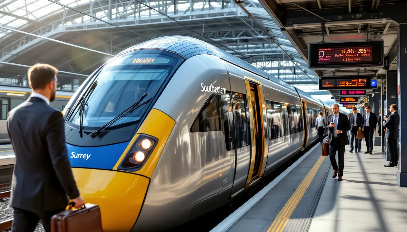 A modern train is departing from the Surrey station platform, with passengers heading to central London, surrounded by the beautiful scenery of Surrey's rolling countryside and historic market towns. This scene reflects the excellent transport links that make living in Surrey an ideal place for commuters.