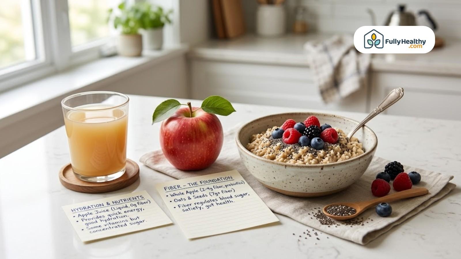 Apple, juice, and fiber-rich oatmeal with berries on kitchen counter