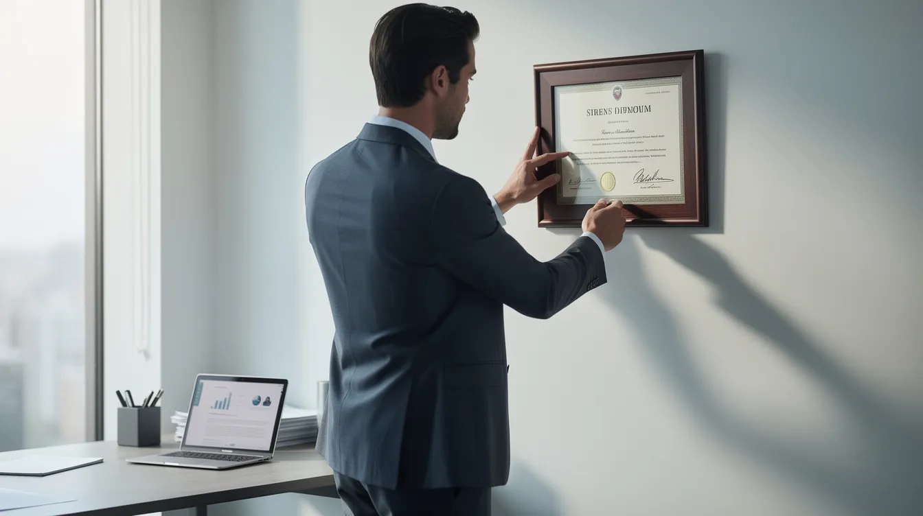 A person in business attire is adjusting a framed diploma on the wall of an office, showcasing a custom diploma certificate that adds a professional touch to the workspace. The diploma, possibly a replica or novelty version, is prominently displayed, emphasizing the importance of credentials in a business environment.